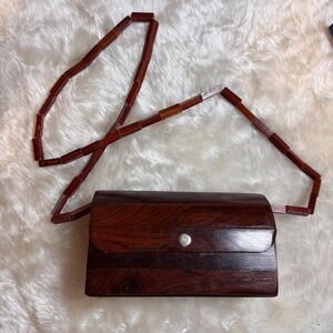 Vintage 1970s Wood Slat Crossbody Purse MCM Two-Tone Wooden Handbag Beaded Strap